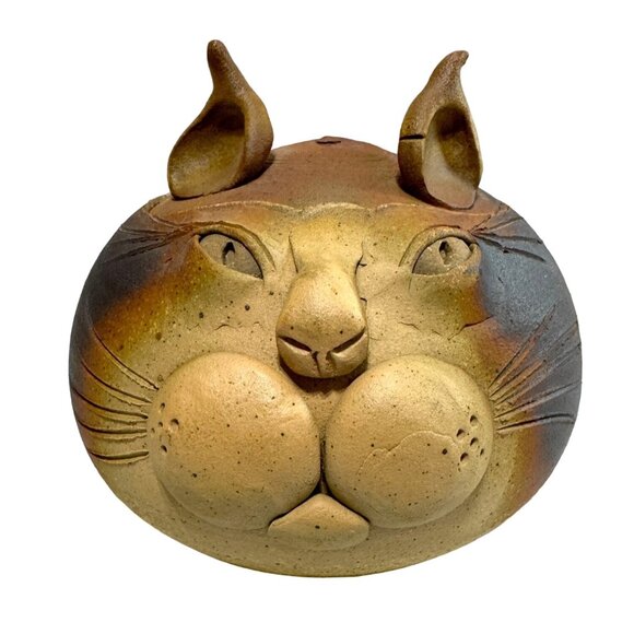 RARE CAT FACE BOWL STUDIO POTTERY KITTEN BOWL TAN BROWN 4.5"X 5.25" HTF NO FLAWS - Picture 1 of 4
